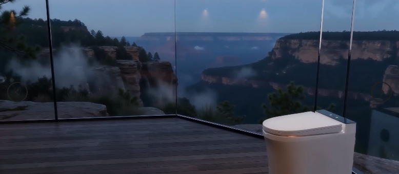 Modern waterless toilet overlooking a misty mountain landscape